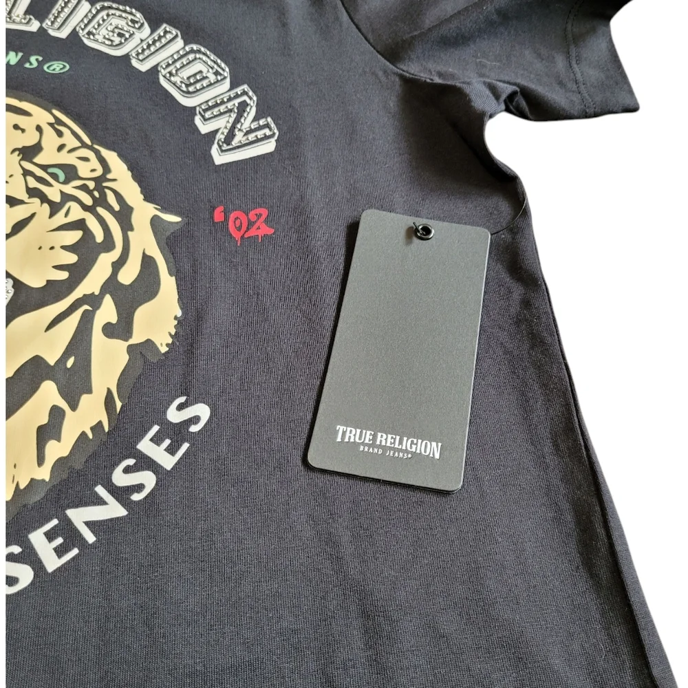 NEW True Religion Black Crew Neck Tee Shirt Tiger Bling Graphic Size M